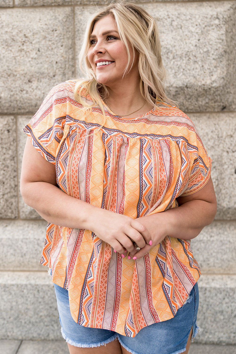 Plus Size Geometric Print Short Sleeve Top