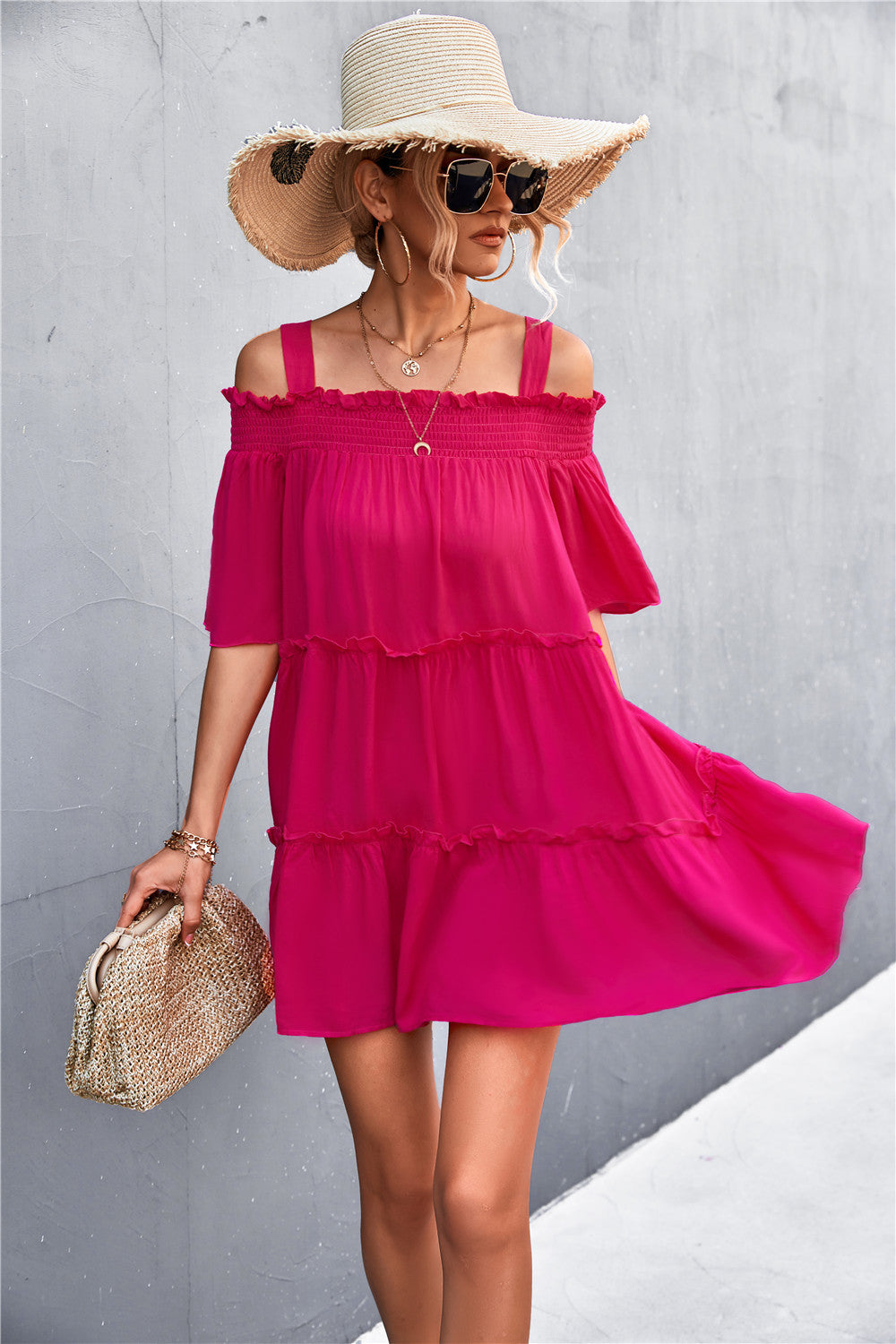 Cold-Shoulder Frill Trim Tiered Dress