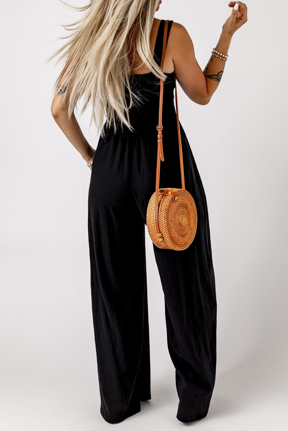 Smocked Square Neck Wide Leg Jumpsuit with Pockets