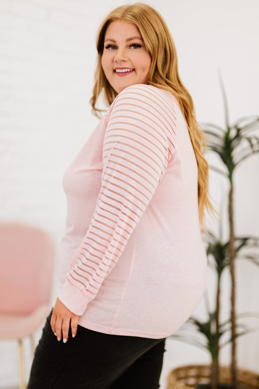 Sheer Striped Sleeve V-Neck Top